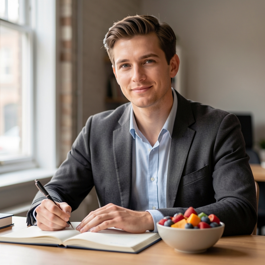 Editorial portrait of a nutritionist writer seated at a writing desk with an open notebook and a small bowl of seasonal fruit, soft natural light from a window, Clerkenwell London