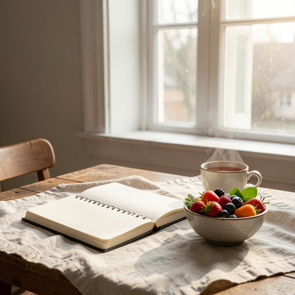 Branelon Notebook studio workspace — an open notebook, a cup of tea, and a small bowl of seasonal produce arranged on a pale linen cloth, morning light through a tall window