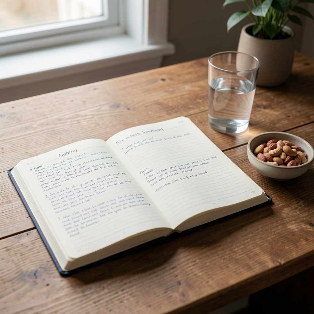 Open activity and food journal on a wooden desk, handwritten notes visible, a glass of water and a small bowl of nuts beside it, quiet home workspace